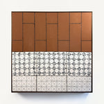 Drȳge, a contemporary abstract polymer clay artwork measuring 78 × 78 cm, by artist Anna Mills. A bold composition contrasts a large field of warm terracotta with two patterned ivory bands below, featuring intricate black geometric motifs and fine linear grids. Delicate black linework and subtle handcrafted surface variations emphasise the balance between architectural order and organic imperfection. Presented in a solid wood tray frame finished in dark English walnut.