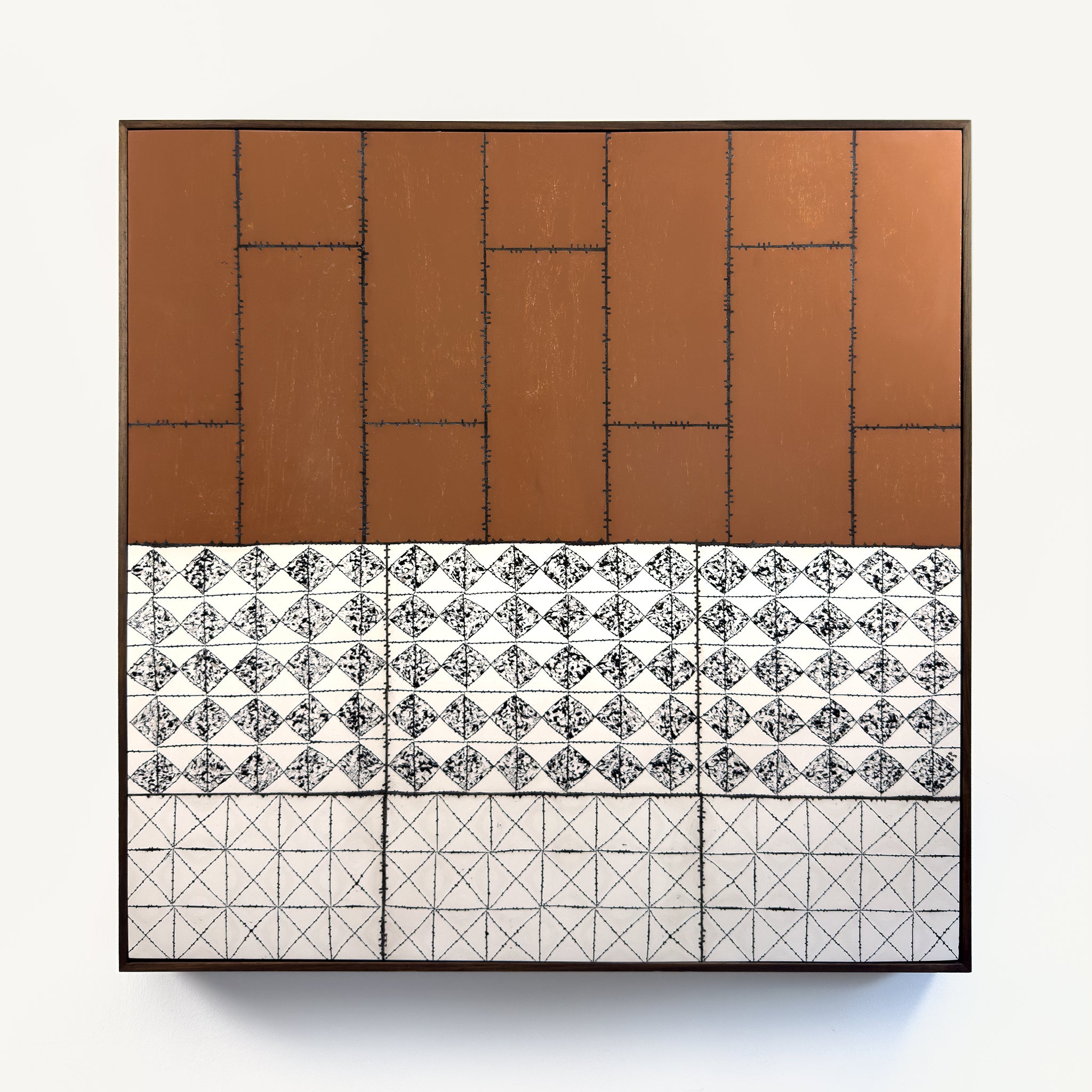Drȳge, a contemporary abstract polymer clay artwork measuring 78 × 78 cm, by artist Anna Mills. A bold composition contrasts a large field of warm terracotta with two patterned ivory bands below, featuring intricate black geometric motifs and fine linear grids. Delicate black linework and subtle handcrafted surface variations emphasise the balance between architectural order and organic imperfection. Presented in a solid wood tray frame finished in dark English walnut.