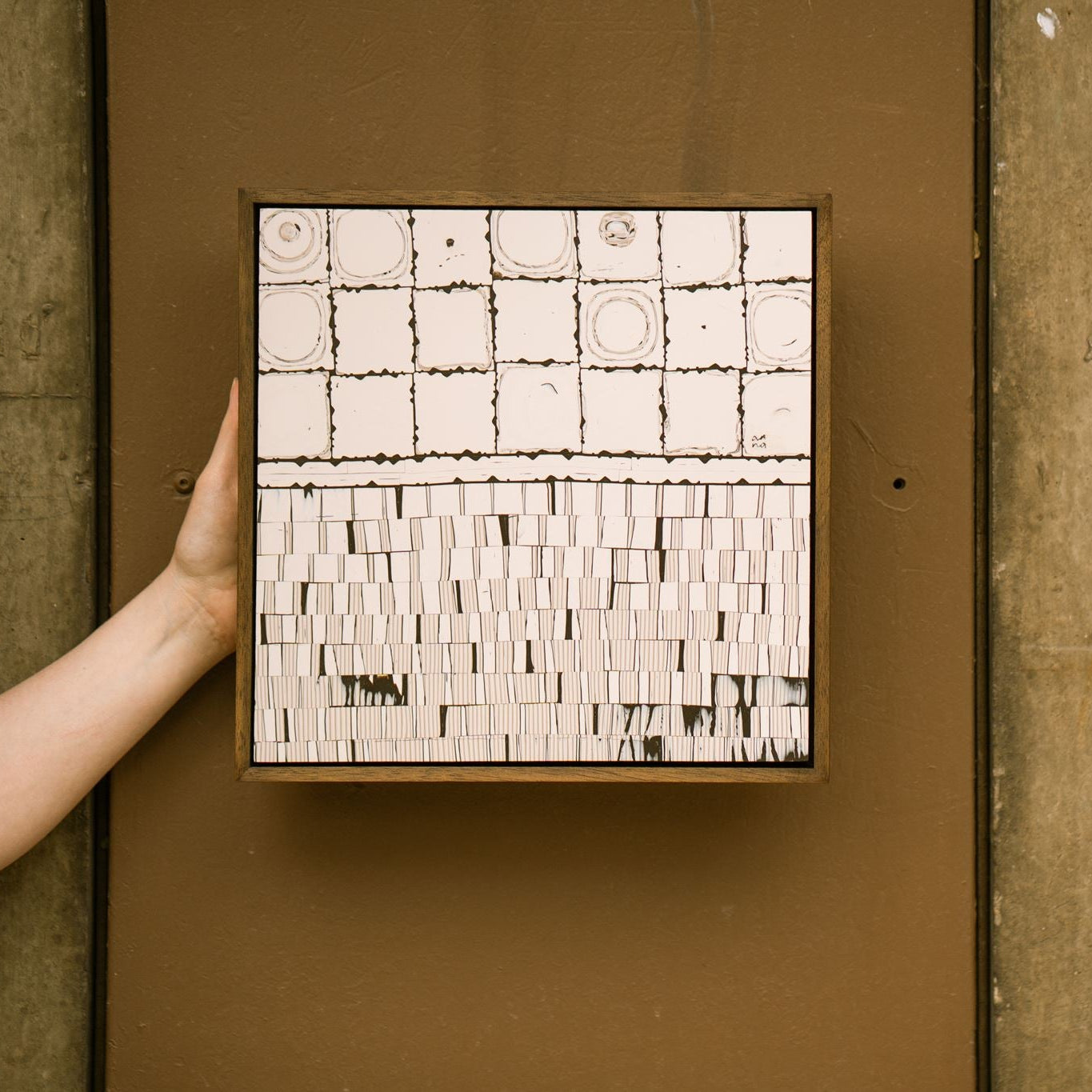 Wer, framed contemporary abstract polymer clay artwork by Anna Mills featuring a geometric composition of hand-cut square cane slices above finely layered stripe canework.