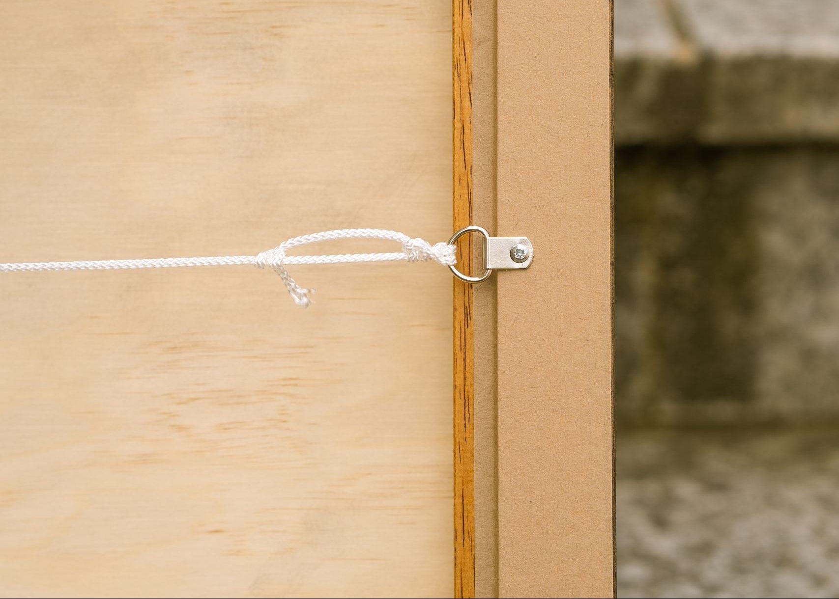 Close-up of the reverse of a framed Studio Anna artwork, showing a D-ring hanging bracket and white hanging cord securely attached to the wooden frame. The image highlights the professional finishing and ready-to-hang hardware supplied with each artwork.
